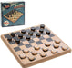 image of a classic light brown and black wooden style draughts board with black and white draughts pieces in a retro style box.