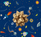 image of a square of wrapping paper, the paper is dark blue in colour and features lots of child friendly illustrated images of space objects such as planets, rockets and comets, in the corner of the gift wrap paper is a gold gift wrapping bow