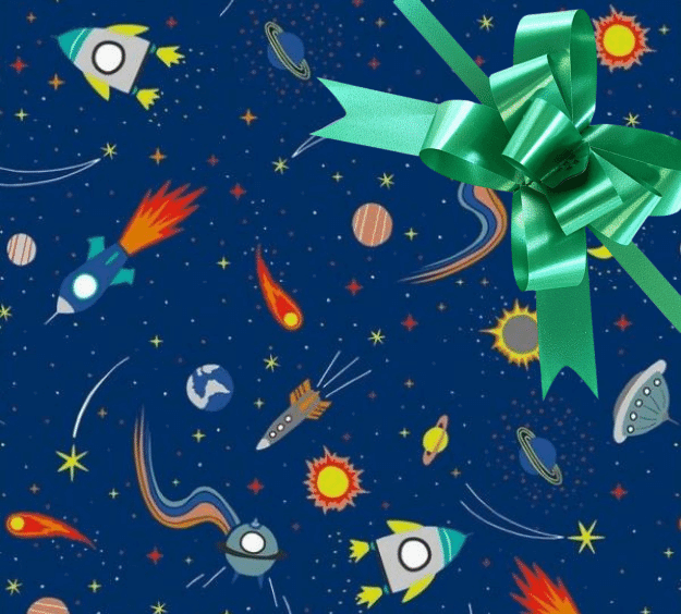 image of a square of wrapping paper, the paper is dark blue in colour and features lots of child friendly illustrated images of space objects such as planets, rockets and comets, in the corner of the gift wrap paper is a green gift wrapping bow