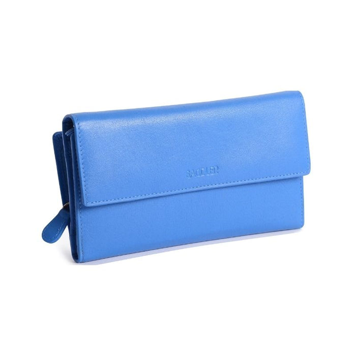 Saddler "Ella" Large Multi-Section Purse Wallet with Zipper Coin Purse in Light Blue. This popular compact purse made from luxurious leather accommodates up to 20 credit cards and provides a roomy zipper purse to the centre for coins and small keys. It also features a large window section for ID or pass card with inner extension wing for extra card storage and secure tab closure. Approximate Size: 18 x 10 x 4cm when closed. 12 month warranty for normal use.