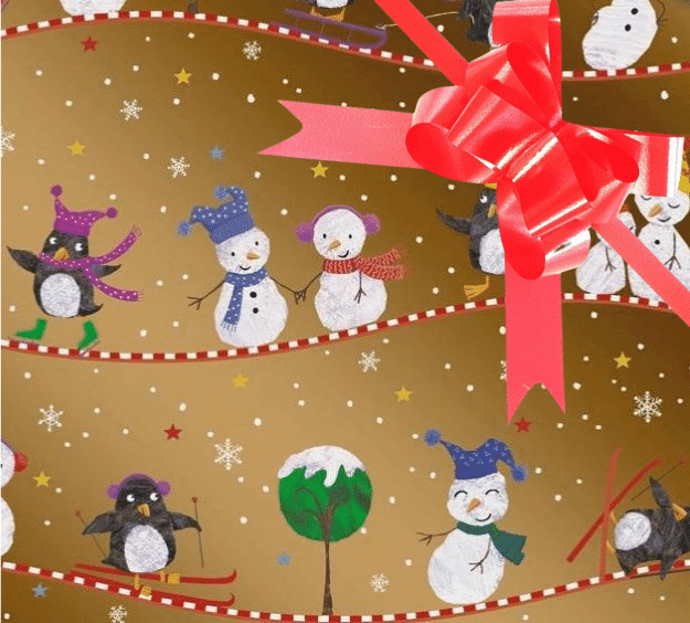 image of a square of wrapping paper, the paper has a gold background with child friendly illustrations of christams characters like snow men, snow woemn and penguins on it, there are also lots of coloured stars, snow covered trees and white snowflakes to complete the scene, in the corner of the gift wrap paper is a lilac gift wrapping bow