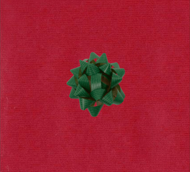 image of a square of wrapping paper, the paper is a solid dark red kraft paper, in the corner of the gift wrap paper is a silver gift wrapping bow