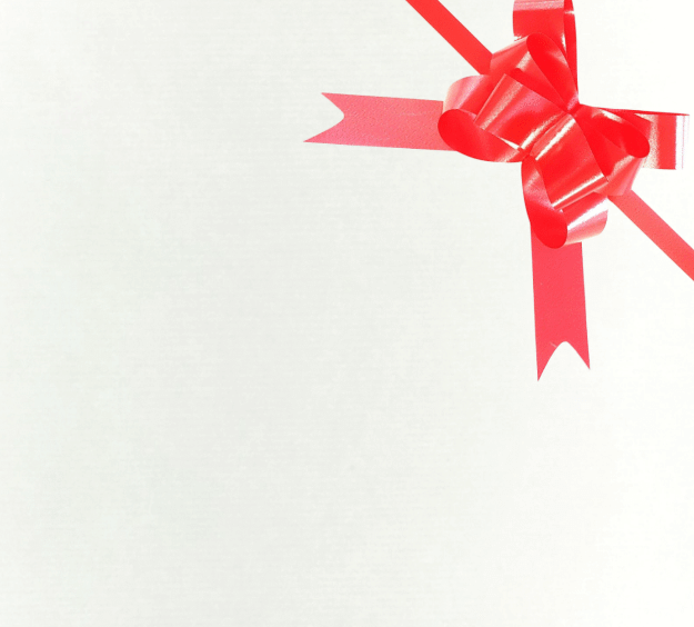 image of a square of wrapping paper, the paper is a solid white kraft paper, in the corner of the gift wrap paper is a red gift wrapping bow